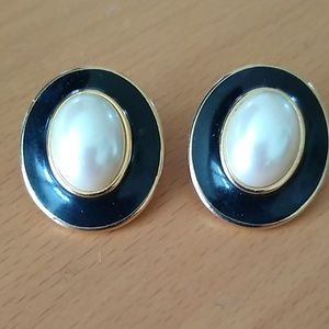 Monet Pearl and black clip-on earrings